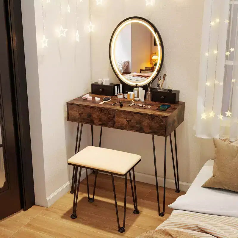 Costway Industrial Vanity Makeup Dressing Table Padded Stool Set 3-Color Lighted Mirror