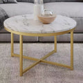 Lavish Home Round Coffee Table with Faux Mable Top and Metal Crossbeam, White/Gold