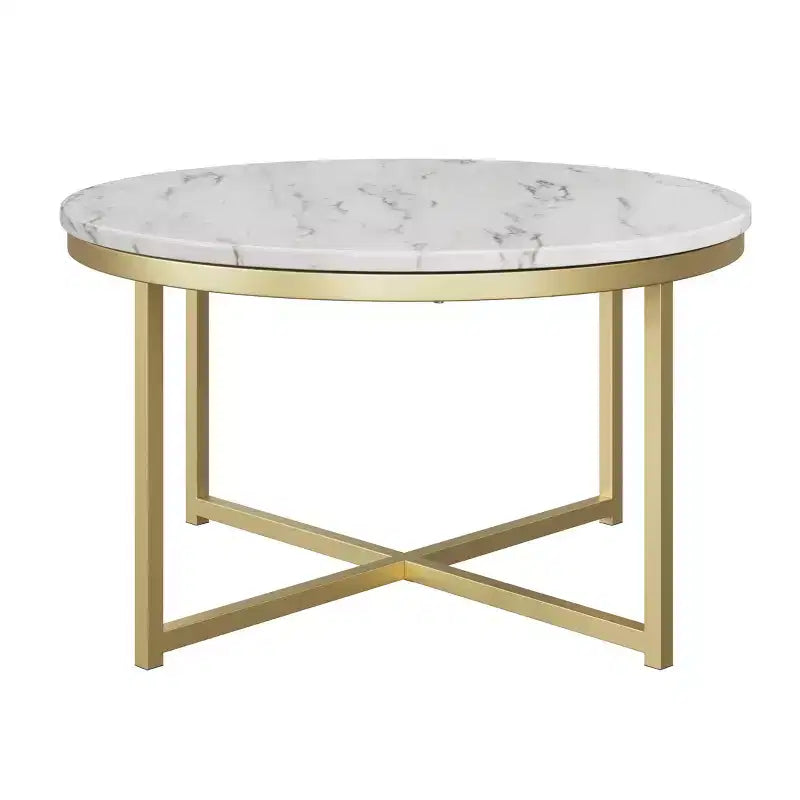 Table basse ronde Lavish Home avec plateau en faux marbre et traverses métalliques, Blanc/Doré