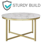Table basse ronde Lavish Home avec plateau en faux marbre et traverses métalliques, Blanc/Doré