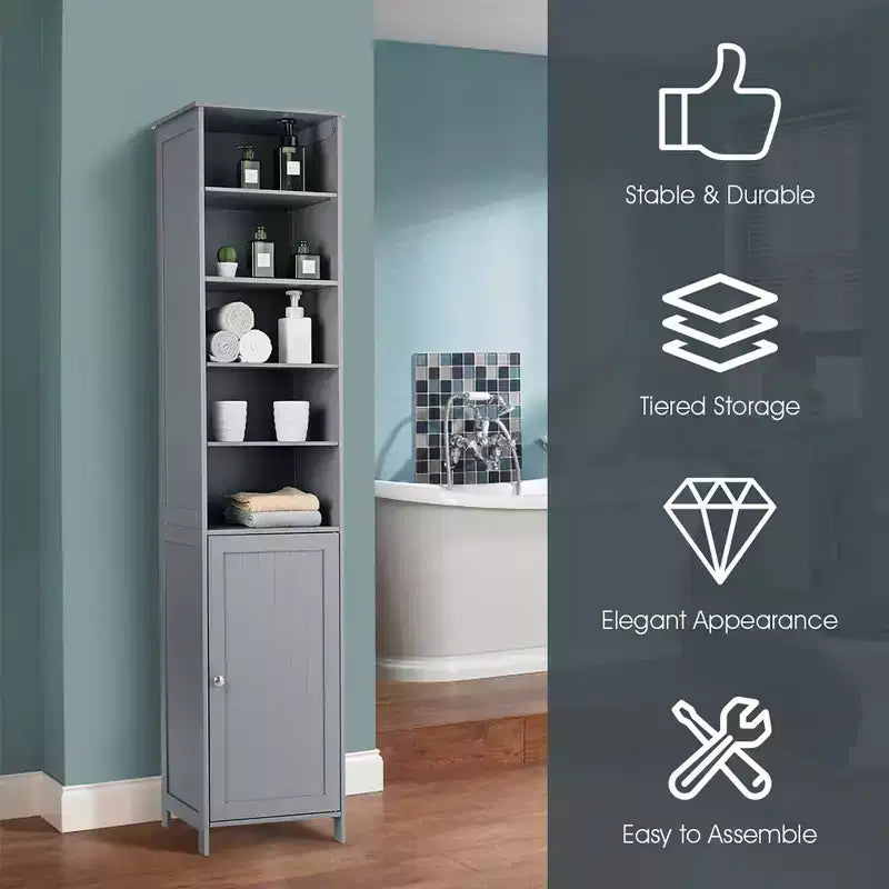 Costway Meuble Colonne Haute de Salle de Bain 183 cm Meuble de Rangement Étagère Présentoir Gris/Blanc