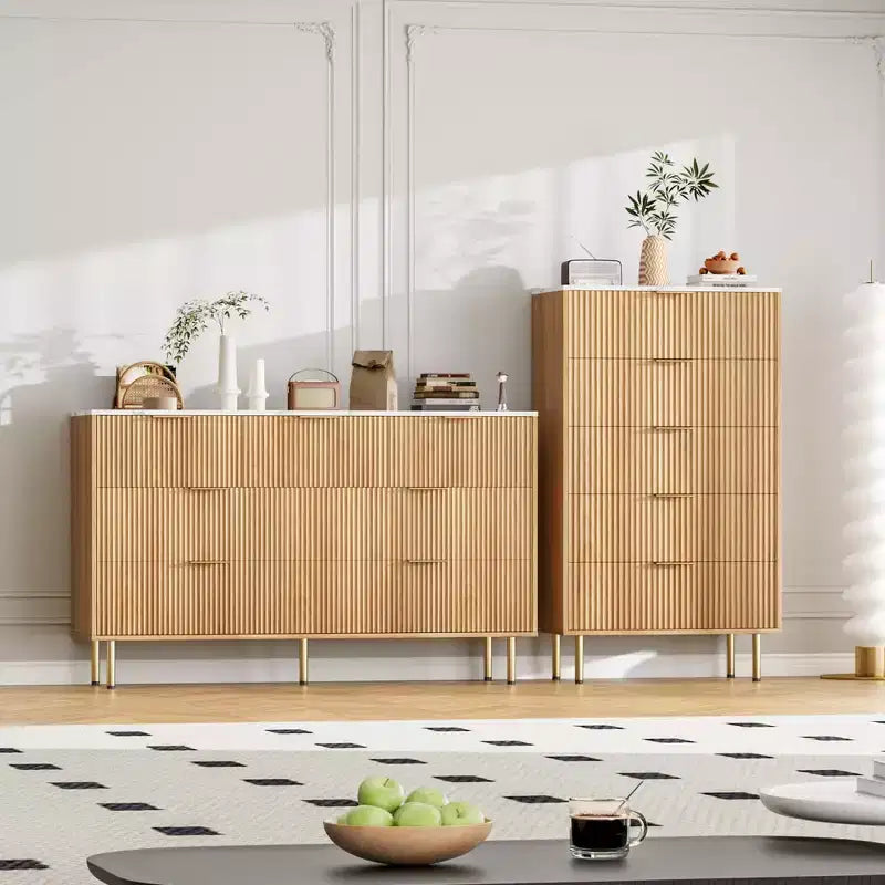 Commode 5 tiroirs blanc / marbre et bois – Panneau cannelé, pour usage individuel