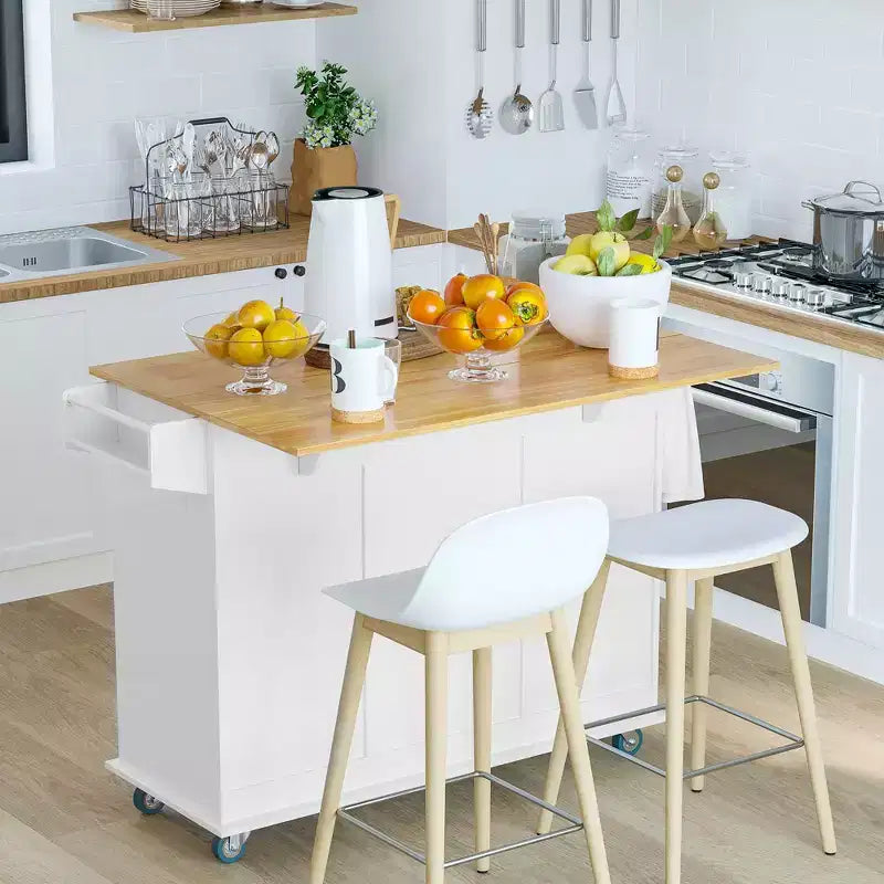 HOMCOM Desserte de cuisine mobile avec plateau rabattable, porte-serviettes/épices, 3 tiroirs et placard à 2 portes