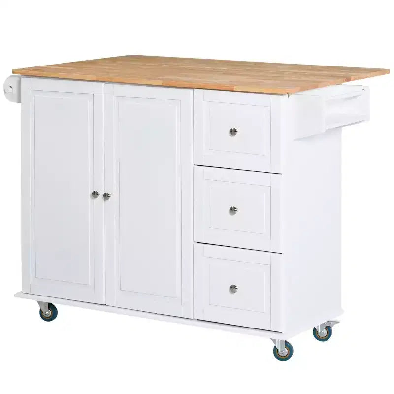 HOMCOM Desserte de cuisine mobile avec plateau rabattable, porte-serviettes/épices, 3 tiroirs et placard à 2 portes