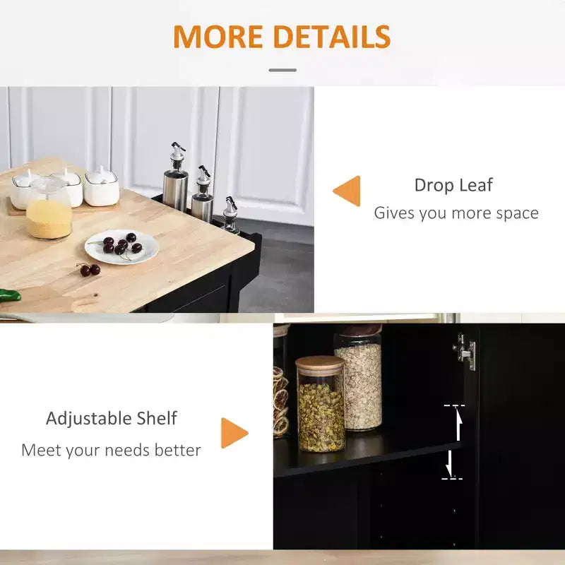 HOMCOM Desserte de cuisine mobile avec plateau rabattable, porte-serviettes/épices, 3 tiroirs et placard à 2 portes