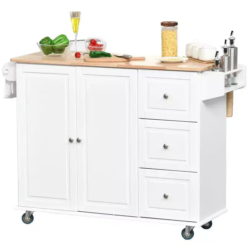 HOMCOM Desserte de cuisine mobile avec plateau rabattable, porte-serviettes/épices, 3 tiroirs et placard à 2 portes