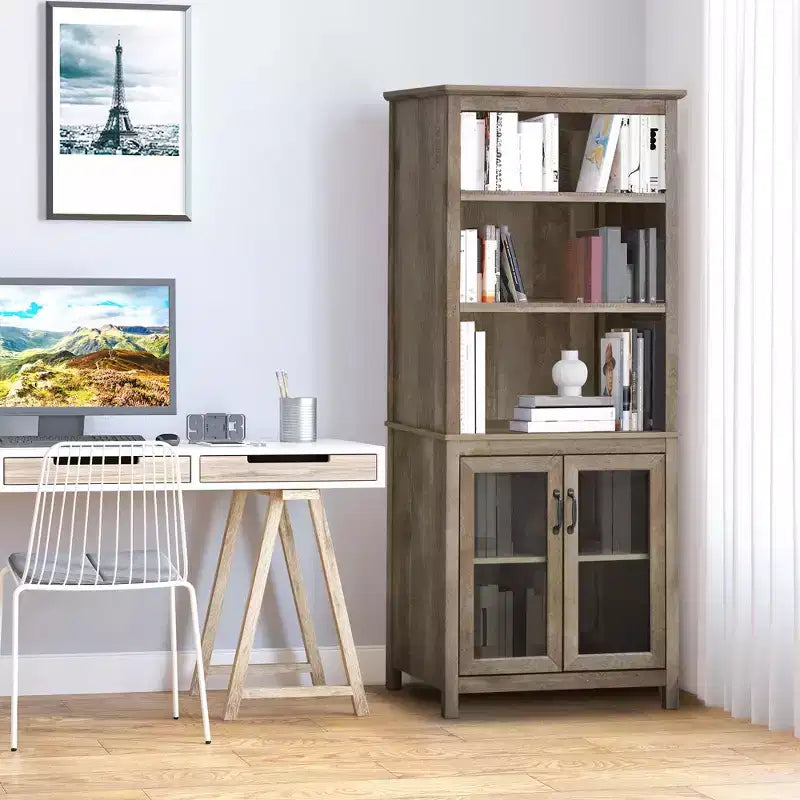 HOMCOM Armoire de rangement bibliothèque 180 cm avec étagères réglables et portes en verre pour bureau, cuisine, salon