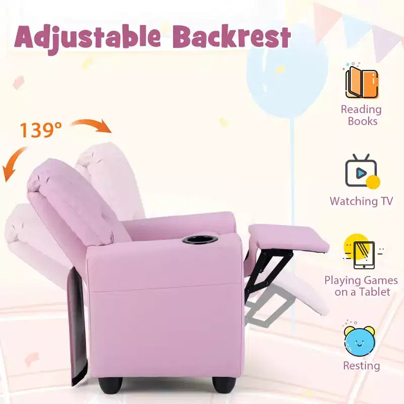 Fauteuil inclinable pour enfants Costway, canapé pour enfants avec porte-gobelet, rose