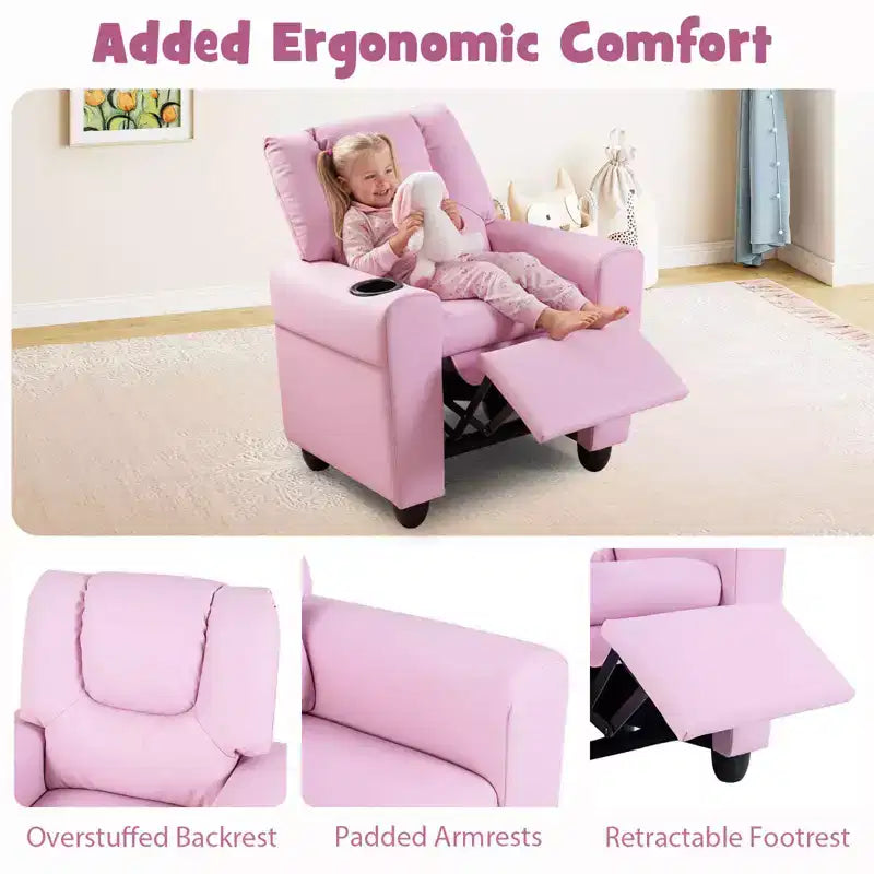 Fauteuil inclinable pour enfants Costway, canapé pour enfants avec porte-gobelet, rose