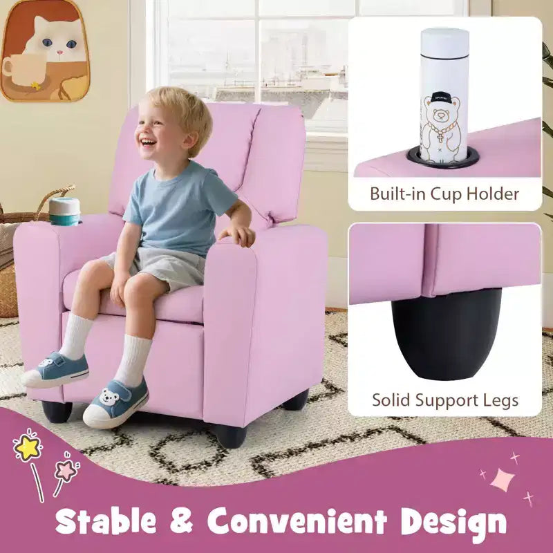 Fauteuil inclinable pour enfants Costway, canapé pour enfants avec porte-gobelet, rose