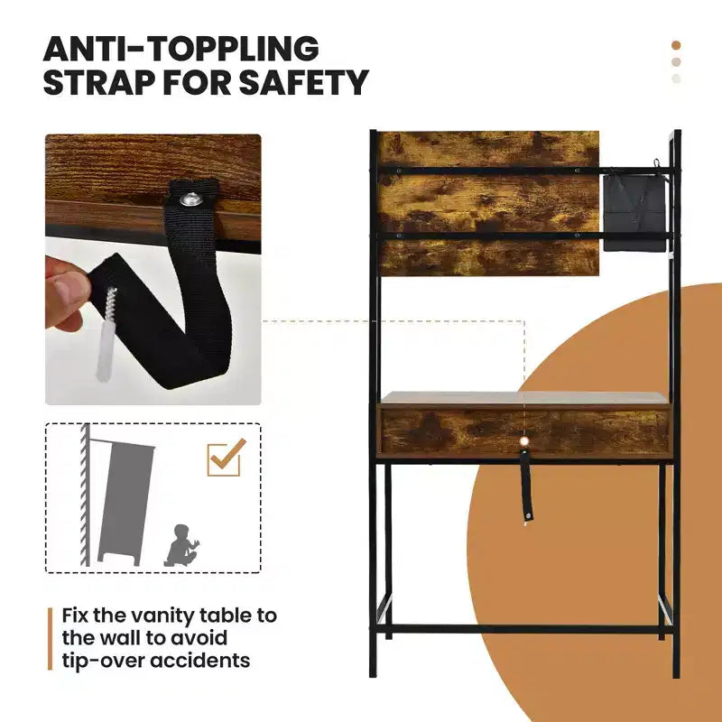 Coiffeuse industrielle Costway avec miroir réglable sur 3 hauteurs, sac de rangement et grand tiroir