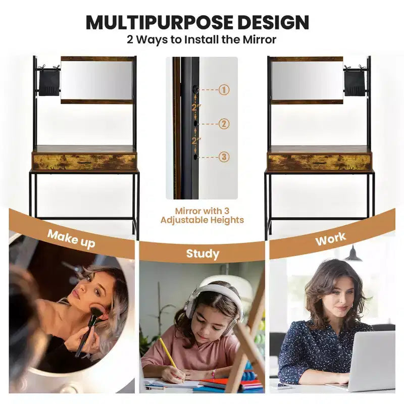 Coiffeuse industrielle Costway avec miroir réglable sur 3 hauteurs, sac de rangement et grand tiroir