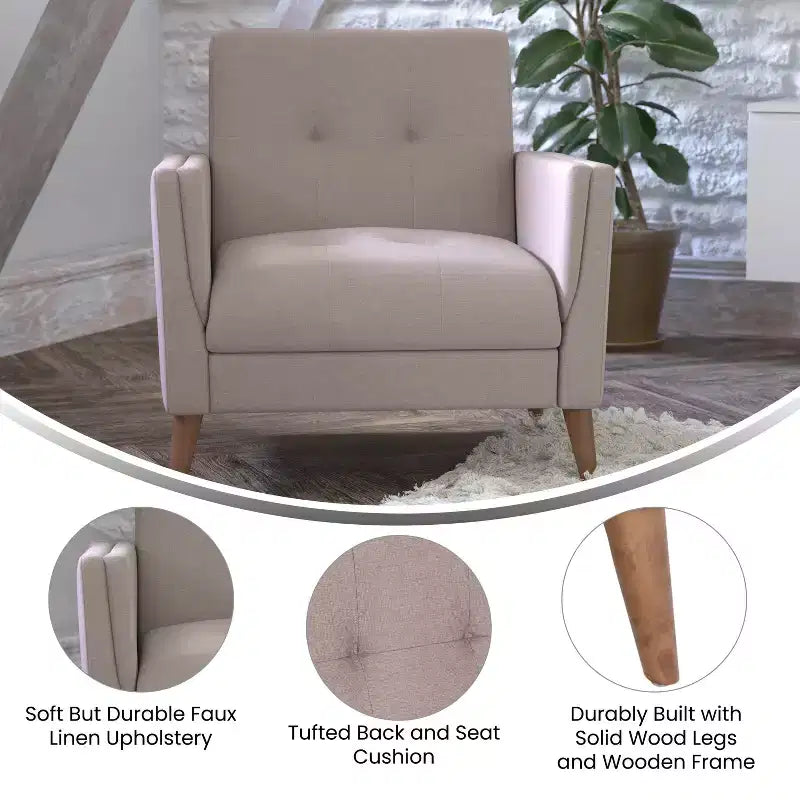 Flash Furniture Conrad, fauteuil mi-siècle moderne de qualité commerciale, avec revêtement touffeté en faux lin et pieds en bois massif