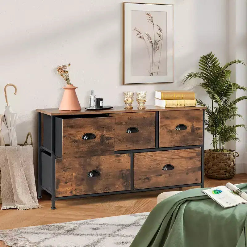 Costway Tour de rangement à 5 tiroirs en tissu avec plateau en bois, commode, organiseur, marron rustique