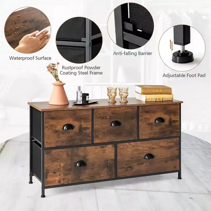 Costway Tour de rangement à 5 tiroirs en tissu avec plateau en bois, commode, organiseur, marron rustique