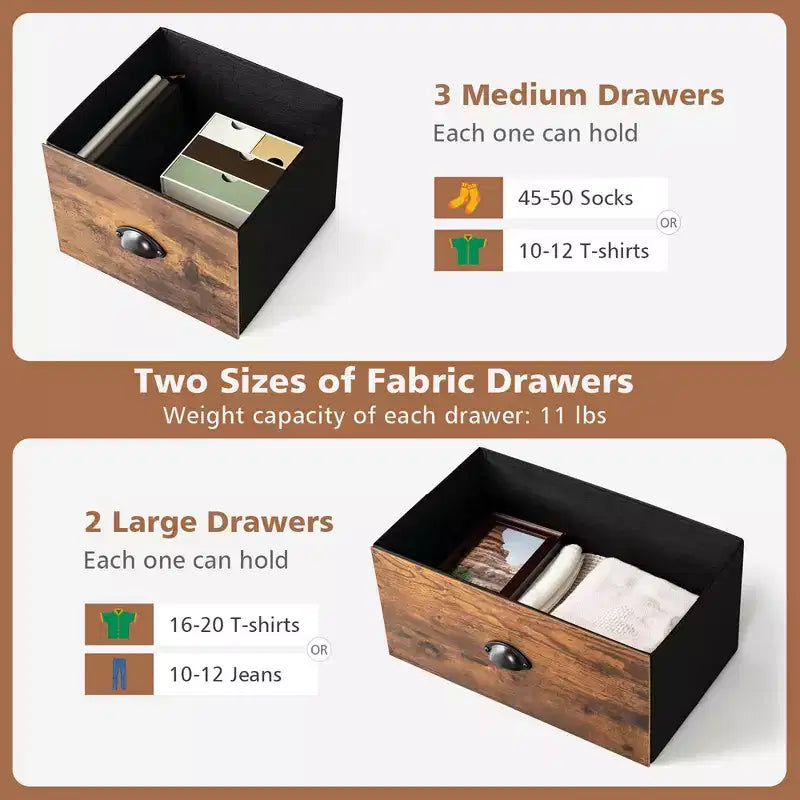 Costway Tour de rangement à 5 tiroirs en tissu avec plateau en bois, commode, organiseur, marron rustique