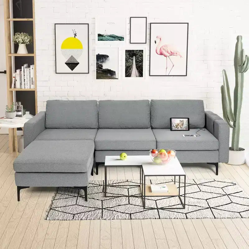 Canapé sectionnel modulaire en L à 3 places Costway avec méridienne réversible et 2 ports USB