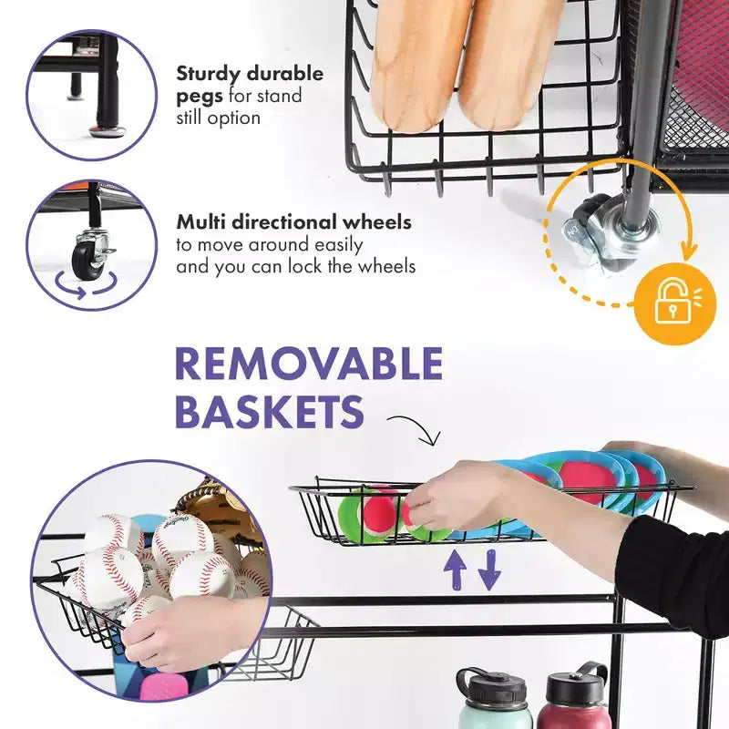 Support de rangement pour ballons pour garage – Grand organisateur d'équipement sportif de garage intérieur et extérieur avec paniers, roues et freins – Homeitusa