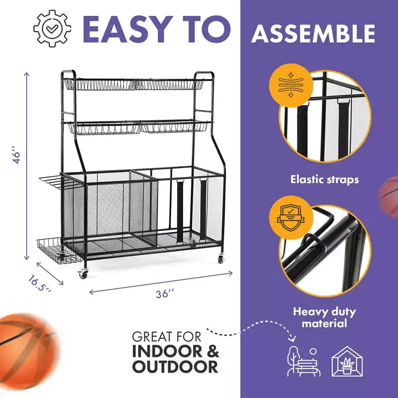 Support de rangement pour ballons pour garage – Grand organisateur d'équipement sportif de garage intérieur et extérieur avec paniers, roues et freins – Homeitusa
