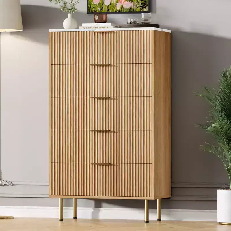 Commode 5 tiroirs blanc / marbre et bois – Panneau cannelé, pour usage individuel