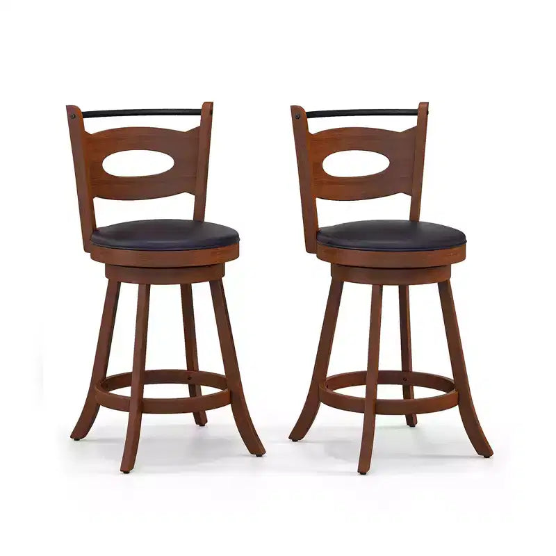 Costway Lot de 2 tabourets de bar pivotants à 360°, chaises de salle à manger en bois d'hévéa massif, siège rembourré en cuir, hauteur comptoir