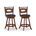 Costway Lot de 2 tabourets de bar pivotants à 360°, chaises de salle à manger en bois d'hévéa massif, siège rembourré en cuir, hauteur comptoir