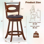 Costway Lot de 2 tabourets de bar pivotants à 360°, chaises de salle à manger en bois d'hévéa massif, siège rembourré en cuir, hauteur comptoir