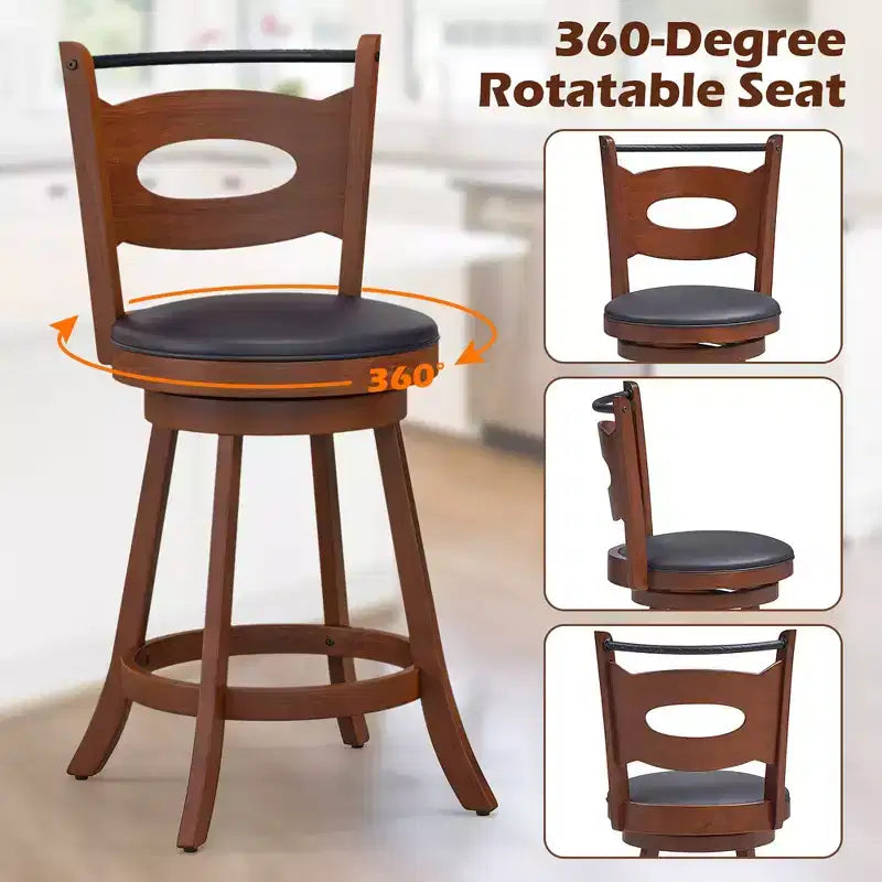 Costway Lot de 2 tabourets de bar pivotants à 360°, chaises de salle à manger en bois d'hévéa massif, siège rembourré en cuir, hauteur comptoir