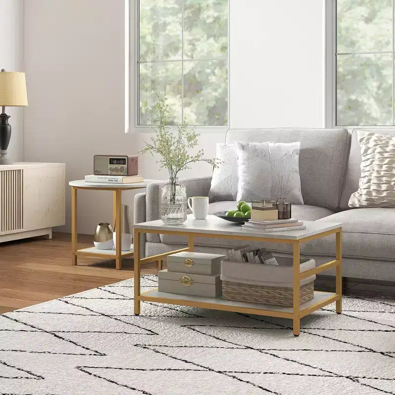 HOMCOM Lot de 2 tables basses, table basse rectangulaire et ronde avec étagères de rangement, plateau en faux marbre et cadre en acier, blanc