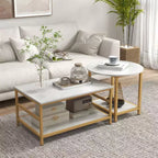 HOMCOM Lot de 2 tables basses, table basse rectangulaire et ronde avec étagères de rangement, plateau en faux marbre et cadre en acier, blanc