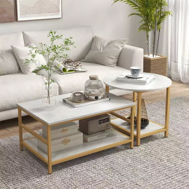 HOMCOM Lot de 2 tables basses, table basse rectangulaire et ronde avec étagères de rangement, plateau en faux marbre et cadre en acier, blanc