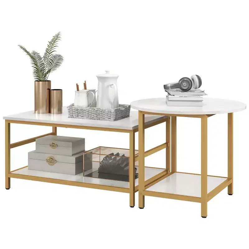 HOMCOM Lot de 2 tables basses, table basse rectangulaire et ronde avec étagères de rangement, plateau en faux marbre et cadre en acier, blanc