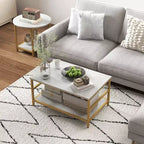 HOMCOM Lot de 2 tables basses, table basse rectangulaire et ronde avec étagères de rangement, plateau en faux marbre et cadre en acier, blanc