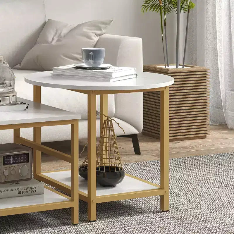 HOMCOM Lot de 2 tables basses, table basse rectangulaire et ronde avec étagères de rangement, plateau en faux marbre et cadre en acier, blanc