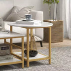 HOMCOM Lot de 2 tables basses, table basse rectangulaire et ronde avec étagères de rangement, plateau en faux marbre et cadre en acier, blanc