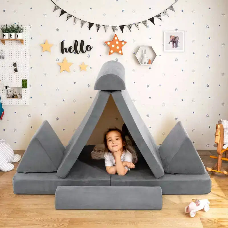 Costway Canapé de jeu pour enfants 8 pièces, ensemble modulaire pliable en mousse, jouet d'intérieur pour tout-petits, bleu/gris/vert