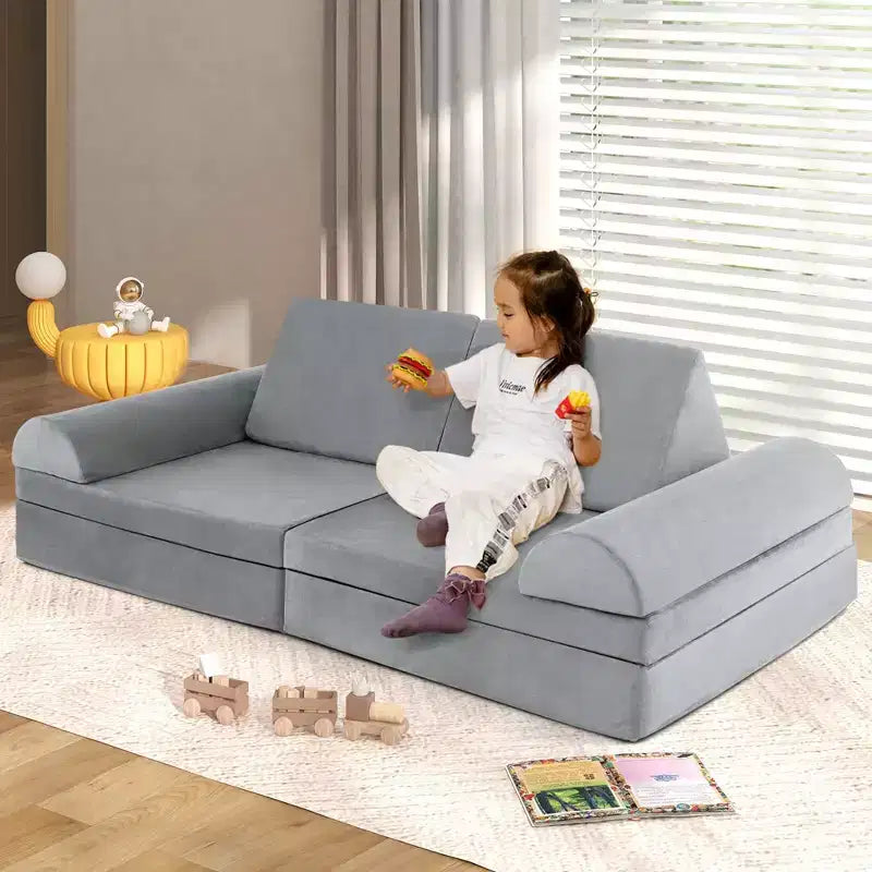Costway Canapé de jeu pour enfants 8 pièces, ensemble modulaire pliable en mousse, jouet d'intérieur pour tout-petits, bleu/gris/vert