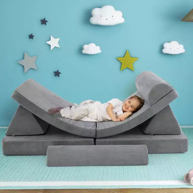 Costway Canapé de jeu pour enfants 8 pièces, ensemble modulaire pliable en mousse, jouet d'intérieur pour tout-petits, bleu/gris/vert