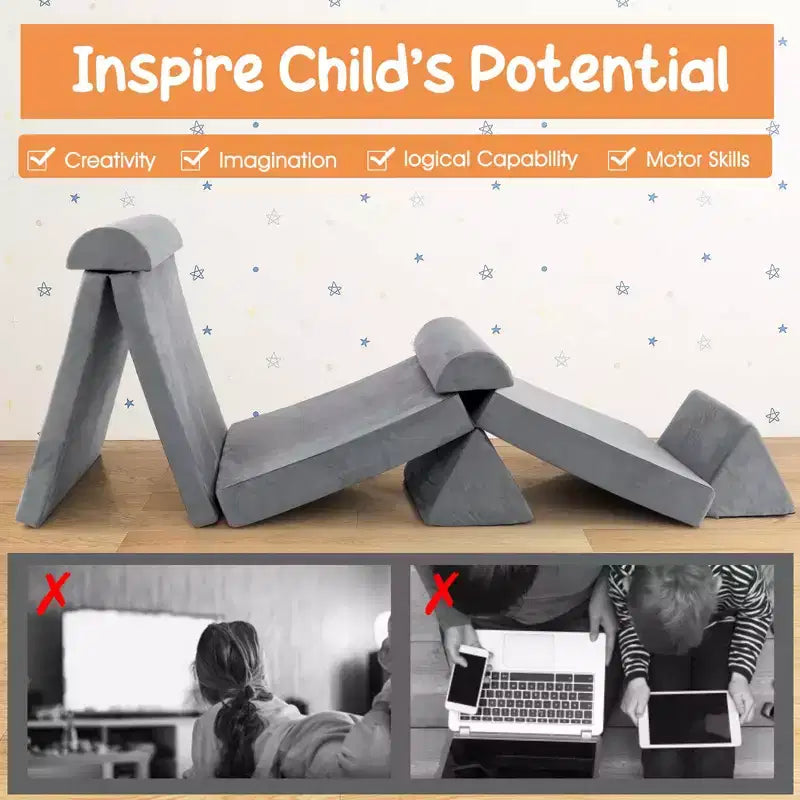 Costway Canapé de jeu pour enfants 8 pièces, ensemble modulaire pliable en mousse, jouet d'intérieur pour tout-petits, bleu/gris/vert