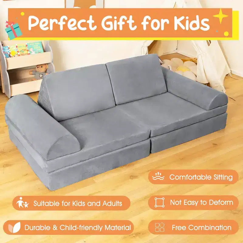 Costway Canapé de jeu pour enfants 8 pièces, ensemble modulaire pliable en mousse, jouet d'intérieur pour tout-petits, bleu/gris/vert