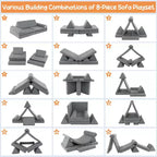 Costway Canapé de jeu pour enfants 8 pièces, ensemble modulaire pliable en mousse, jouet d'intérieur pour tout-petits, bleu/gris/vert