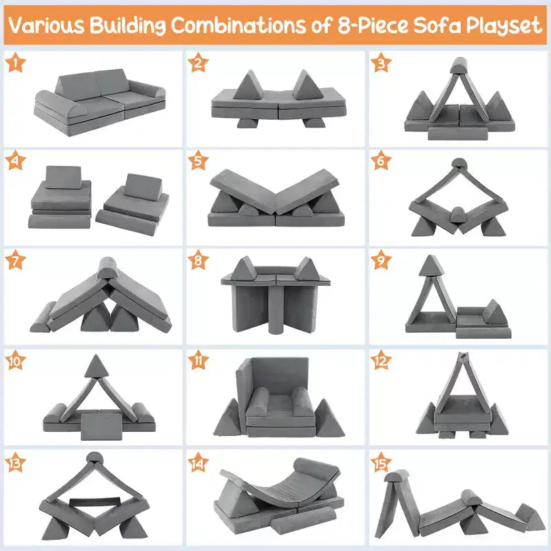 Costway Canapé de jeu pour enfants 8 pièces, ensemble modulaire pliable en mousse, jouet d'intérieur pour tout-petits, bleu/gris/vert