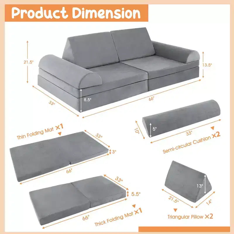 Costway Canapé de jeu pour enfants 8 pièces, ensemble modulaire pliable en mousse, jouet d'intérieur pour tout-petits, bleu/gris/vert
