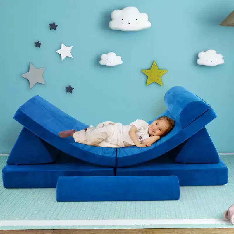 Costway Canapé de jeu pour enfants 8 pièces, ensemble modulaire pliable en mousse, jouet d'intérieur pour tout-petits, bleu/gris/vert