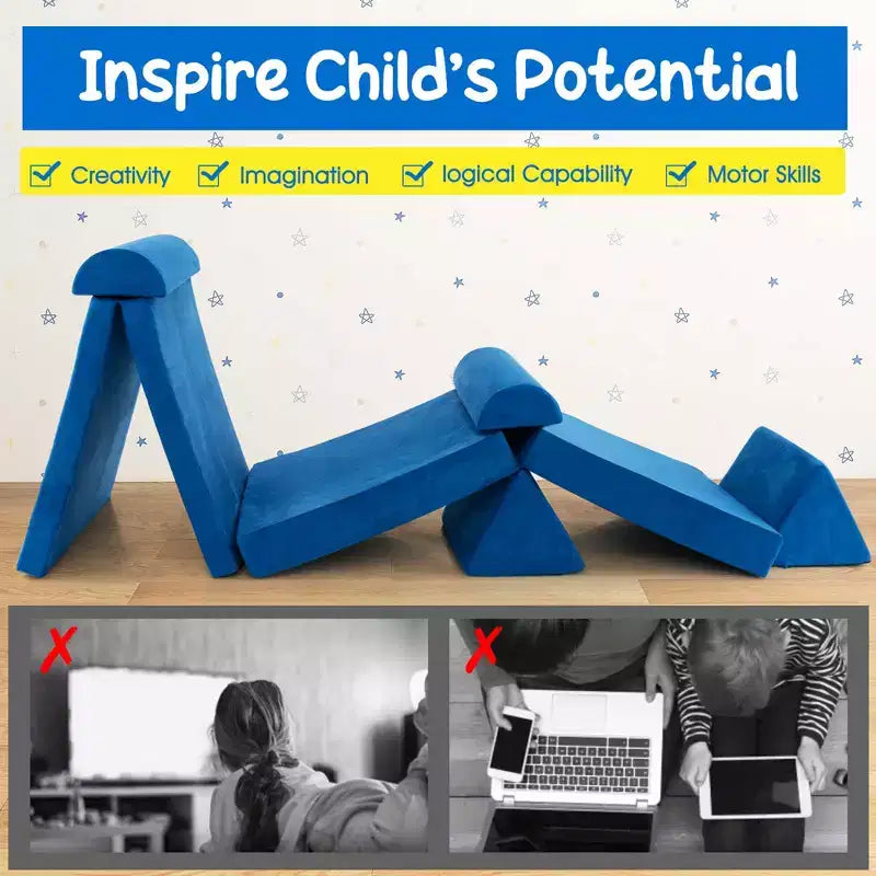 Costway Canapé de jeu pour enfants 8 pièces, ensemble modulaire pliable en mousse, jouet d'intérieur pour tout-petits, bleu/gris/vert