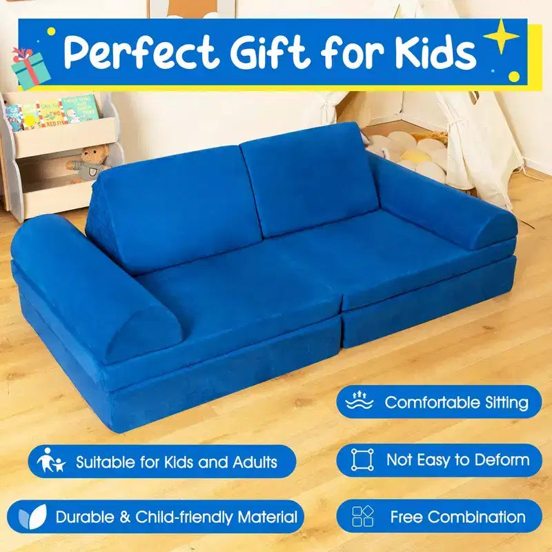 Costway Canapé de jeu pour enfants 8 pièces, ensemble modulaire pliable en mousse, jouet d'intérieur pour tout-petits, bleu/gris/vert