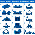 Costway Canapé de jeu pour enfants 8 pièces, ensemble modulaire pliable en mousse, jouet d'intérieur pour tout-petits, bleu/gris/vert