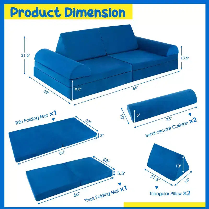 Costway Canapé de jeu pour enfants 8 pièces, ensemble modulaire pliable en mousse, jouet d'intérieur pour tout-petits, bleu/gris/vert