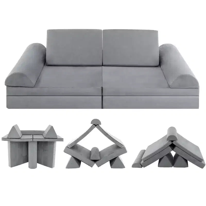 Costway Canapé de jeu pour enfants 8 pièces, ensemble modulaire pliable en mousse, jouet d'intérieur pour tout-petits, bleu/gris/vert