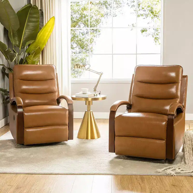 Fauteuil inclinable manuel pivotant et basculant en cuir véritable Clemens avec accoudoirs incurvés décoratifs, lot de 2 | ART OF LIVING DESIGNS